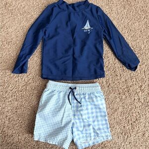 Carter's Navy Long-Sleeve Rash Guard with Light Blue Gingham Swim Shorts